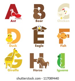 A vector illustration of alphabet animals from A to I