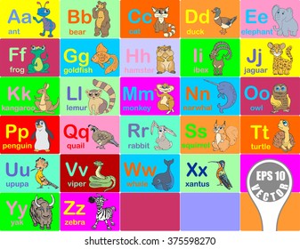 A vector illustration of alphabet animals from A-Z. Ant, bear, cat, duck, elephant, frog, goldfish, hamster, ibex, jaguar, kangaroo, lemur, monkey, narwhal, owl. Illustrated for to learn ABC. EPS10
