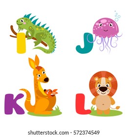 A vector illustration of alphabet animals from I to L. Vector illustration for kids education, foreign language study.