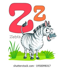 Ilustración vectorial. Alfabeto con animales. Gran letra mayúscula Z con una foto de una cebra brillante y linda.