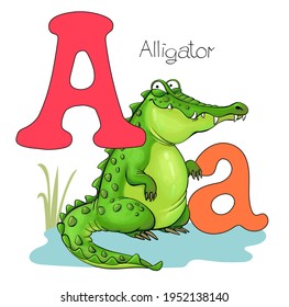 Vector illustration. Alphabet with animals. Large capital letter A with a picture of a bright cute alligator