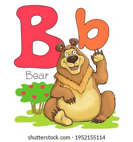 Vector illustration. Alphabet with animals. Large capital letter B with a picture of a bright cute bear