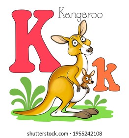 Vector illustration. Alphabet with animals. Large capital letter K with a picture of a bright, cute kangaroo.