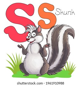 Vector illustration. Alphabet with animals. Large capital letter S with a picture of a bright, cute skunk.