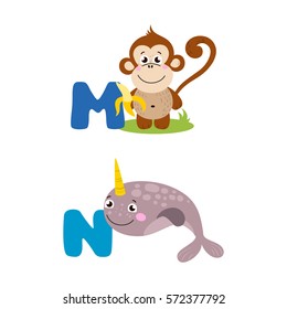 A vector illustration of alphabet animals from M to N. Vector illustration for kids education, foreign language study.