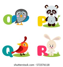 A vector illustration of alphabet animals from O to R. Vector illustration for kids education, foreign language study.