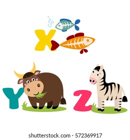A vector illustration of alphabet animals from X to Z. Vector illustration for kids education, foreign language study.