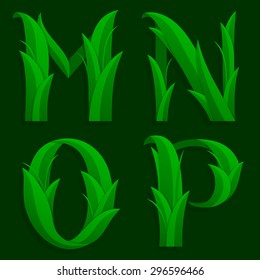 Vector illustration of alphabet caps letters M, N, O, P in the grass design over a dark green background.