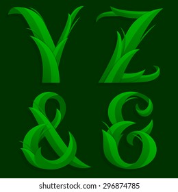 Vector illustration of alphabet caps letters Y, Z and ampersands in the grass design over a dark green background.