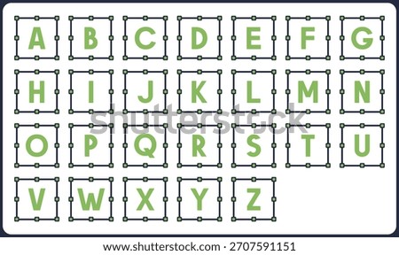 Vector illustration of alphabet chart with bounding boxes for each letter