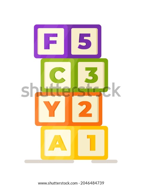 Vector illustration of alphabet. Cubes with letters and\
numbers. Alphabet on dice. Study. Preparing for school. Educational\
games.  