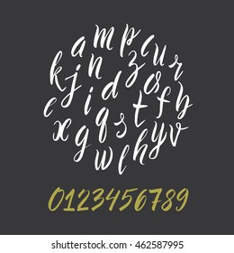Vector illustration. Vector alphabet. Drawn letters. The letters of the alphabet in lower case, digits. Letters painted with a brush marker.