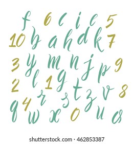Vector illustration. Vector alphabet. Drawn letters. The letters of the alphabet in lower case, digits. Letters painted with a brush marker.