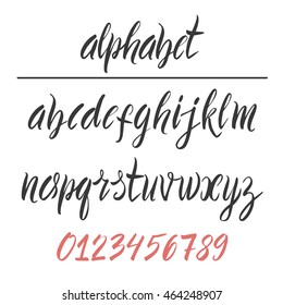 Vector illustration. Vector alphabet. Drawn letters. The letters of the alphabet in lower case, digits. Letters painted with a brush marker.