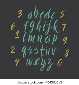 Vector illustration. Vector alphabet. Drawn letters. The letters of the alphabet in lower case, digits. Letters painted with a brush marker.