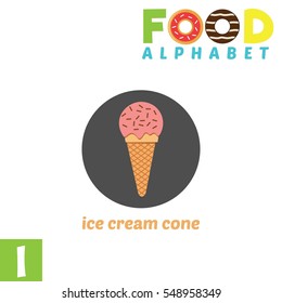 Vector Illustration of alphabet food. I Letter For Ice cream cone