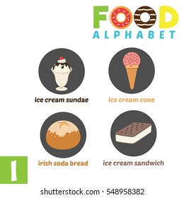 Vector Illustration of alphabet food. I Letter For Ice cream sundae