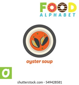 Vector Illustration of alphabet food. O Letter For Oyster Soup