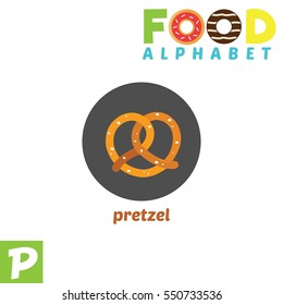 Vector Illustration of alphabet food. P Letter For Pretzel