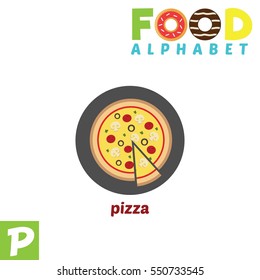 Vector Illustration of alphabet food. P Letter For Pizza