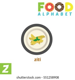 Vector Illustration of alphabet food. Z Letter For Ziti