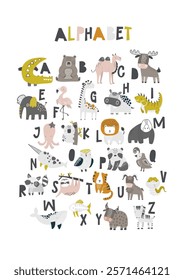 Vector illustration of alphabet for kids with animals. Childrens funny ABC for preschool, kindergarten learning, reading. Learn letters from a to z with animal theme. Kids poster. Scandinavian.