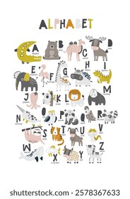 Vector illustration of alphabet for kids with animals. Childrens funny ABC for preschool, kindergarten learning, reading. Learn letters from a to z with animal theme. Kids poster. Scandinavian.