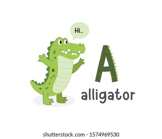 Vector illustration of alphabet letter A and alligator. Cute animals alphabet for kids education. A for alligator, Cute animal alphabet series