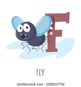 Vector Illustration Of Alphabet Letter F And Fly