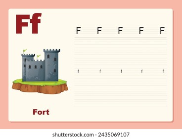 Vector illustration Alphabet Letter F - Fort exercise with cartoon vocabulary, worksheet editable template 