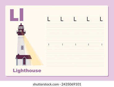 Vector illustration Alphabet Letter L - Lighthouse exercise with cartoon vocabulary, worksheet editable template