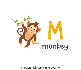 Vector illustration of alphabet letter M and monkey. Cute animals alphabet for kids education. M for monkey, Cute animal alphabet series
