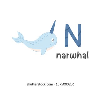 Vector illustration of alphabet letter N and narwhal. Cute animals alphabet for kids education. N for narwhal, Cute animal alphabet series