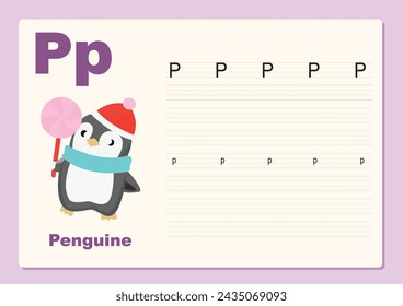 Vector illustration Alphabet Letter P - Penguin exercise with cartoon vocabulary, worksheet editable template