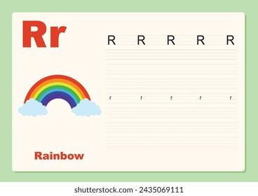 Vector illustration Alphabet Letter R - Rainbow exercise with cartoon vocabulary, worksheet editable template