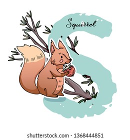 Vector illustration. Alphabet letter S with cute squirrel