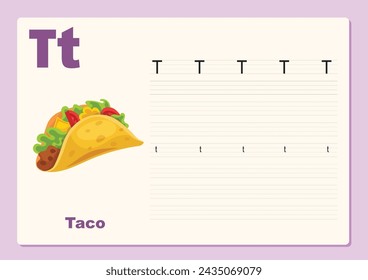 Vector illustration Alphabet Letter T - Taco exercise with cartoon vocabulary, worksheet editable template