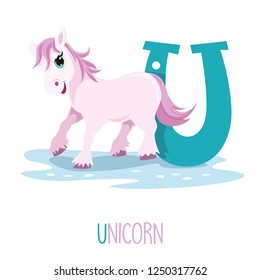 Vector Illustration Of Alphabet Letter U And Unicorn
