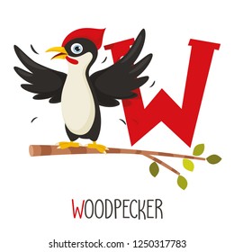 Vector Illustration Of Alphabet Letter W And Woodpecker