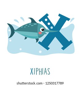 Vector Illustration Of Alphabet Letter X And Xiphias