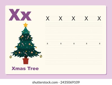 Vector illustration Alphabet Letter X - X-mas Tree exercise with cartoon vocabulary, worksheet editable template