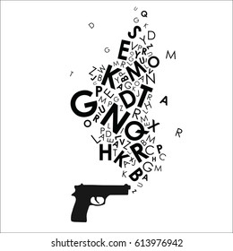 vector illustration of alphabet letters coming out of gun design for journalism as powerful weapon concept