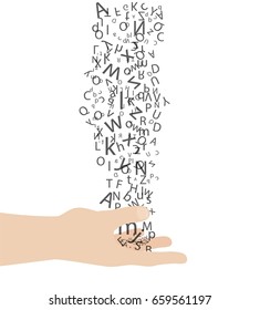 Vector illustration of alphabet letters falling on hand