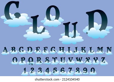Ilustración vectorial de letras y números en nubes.