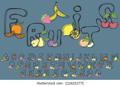 Ilustración vectorial de letras y números. Cuadros y números con frutas y bayas.