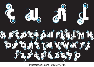 Vector illustration of alphabet letters and numbers. White letters and numbers with swirls.