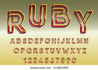 Vector illustration of alphabet letters and numbers. Red gradient letters and numbers with black and yellow outline.