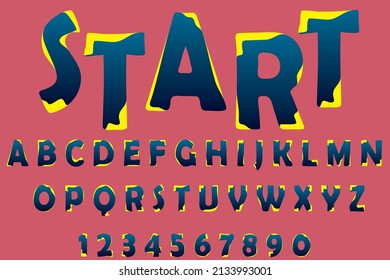 Vector illustration of alphabet letters and numbers. Blue gradient letters and numbers with yellow edges.