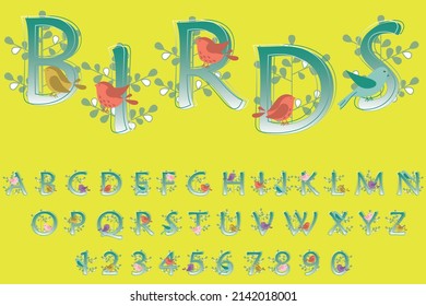Ilustración vectorial de letras y números. Letras y números de gradiente azul con pájaros y ramitas. Gráficos vectoriales.