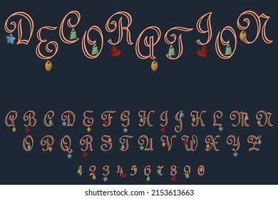 Vector illustration of alphabet letters and numbers. Curly letters and numbers with pendants. Vector graphics.